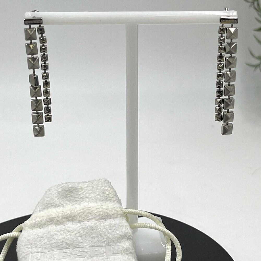 Diesel Designer Signed Stainless Steel Long‎ Square Studded Dangle Earrings